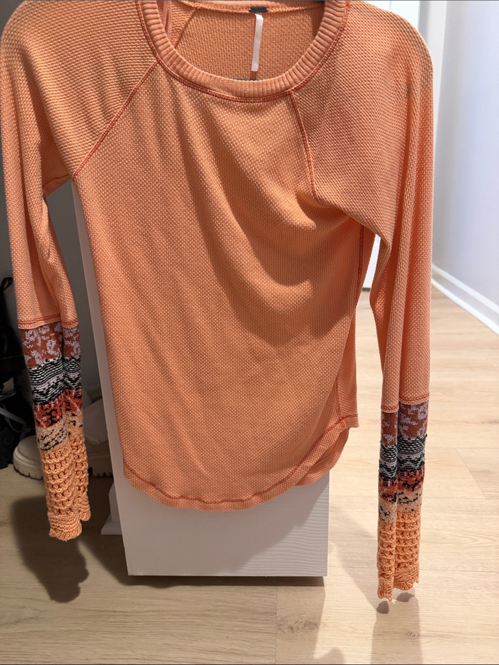 Free People Peach Long Sleeve Knit Top with Crochet Accent Cuffs